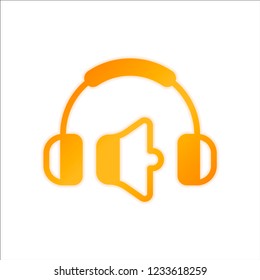 Headphones and volume level. Min volume level. Simple icon. Orange sign with low light on white background