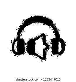 Headphones and volume level. Min volume level. Simple icon. Black ink with splashes on white background