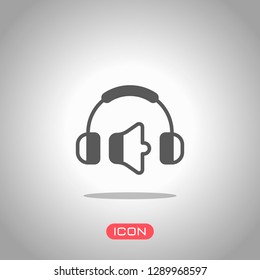 Headphones and volume level. Min volume level. Simple icon. Icon under spotlight. Gray background