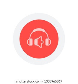 Headphones and volume level. Min volume level. Simple icon. Icon in colored circle with gray bold border. Web button, modern flat design