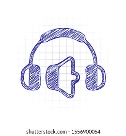 Headphones and volume level. Min volume level. Simple icon. Hand drawn sketched picture with scribble fill. Blue ink. Doodle on white background
