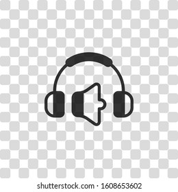 Headphones and volume level. Min volume level. Simple icon. Black symbol on transparency grid
