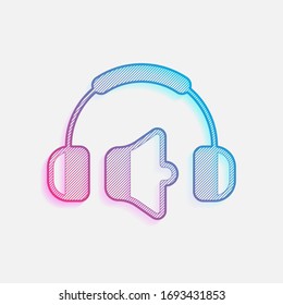 Headphones and volume level. Min volume level. Simple icon. Colored logo with diagonal lines and blue-red gradient. Neon graphic, light effect