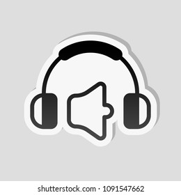 Headphones and volume level. Mute volume level. Simple icon. Sticker style with white border and simple shadow on gray background