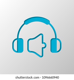 Headphones and volume level. Mute volume level. Simple icon. Paper design. Cutted symbol with shadow