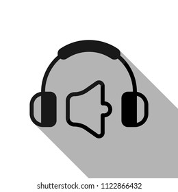 Headphones and volume level. Mute volume level. Simple icon. Black object with long shadow on white background