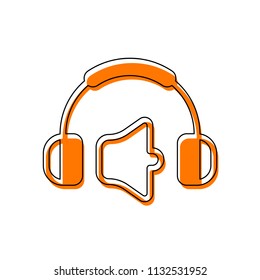 Headphones and volume level. Mute volume level. Simple icon. Isolated icon consisting of black thin contour and orange moved filling on different layers. White background