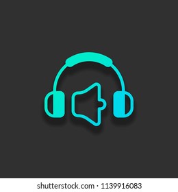 Headphones and volume level. Mute volume level. Simple icon. Colorful logo concept with soft shadow on dark background. Icon color of azure ocean