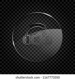 Headphones and volume level. Mute volume level. Simple icon. Icon in circle glass bubble on dark transparent grid. Glass style