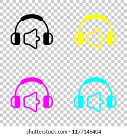 Headphones and volume level. Mute volume level. Simple icon. Colored set of cmyk icons on transparent background