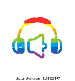 Headphones and volume level. Mute volume level. Simple icon. Drawing sign with LGBT style, seven colors of rainbow (red, orange, yellow, green, blue, indigo, violet