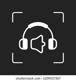 Headphones and volume level. Mute volume level. Simple icon. White object in camera autofocus on dark background