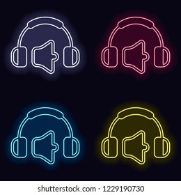 Headphones and volume level. Mute volume level. Simple icon. Set of neon sign. Casino style on dark background. Seamless pattern