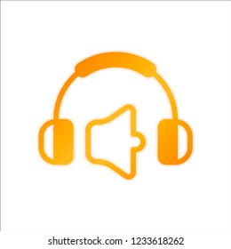Headphones and volume level. Mute volume level. Simple icon. Orange sign with low light on white background