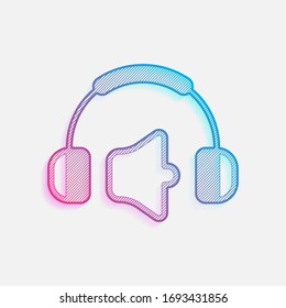 Headphones and volume level. Mute volume level. Simple icon. Colored logo with diagonal lines and blue-red gradient. Neon graphic, light effect
