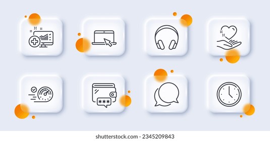 Headphones, Wallet and Speedometer line icons pack. 3d glass buttons with blurred circles. Chat message, Time, Portable computer web icon. Hold heart, Medical analytics pictogram. Vector