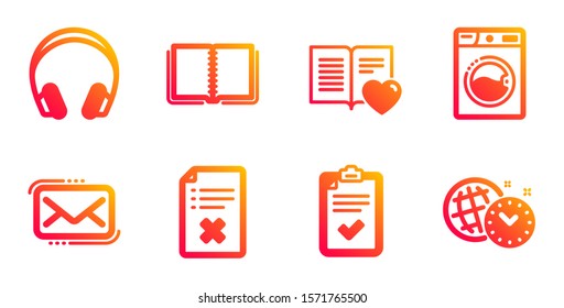 Headphones, Washing machine and Love book line icons set. Book, Checklist and Reject file signs. Messenger mail, Time management symbols. Music listening device, Laundry. Technology set. Vector