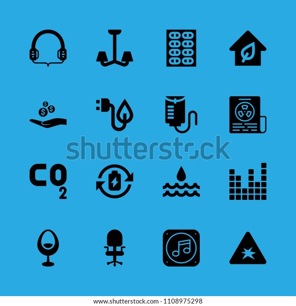 headphones, water, chair, sound bars, music file,\
alms, newspaper, electricity and drop counter vector icon. Simple\
icons set