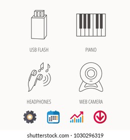 Headphones, web camera and USB flash icons. Piano linear sign. Calendar, Graph chart and Cogwheel signs. Download colored web icon. Vector