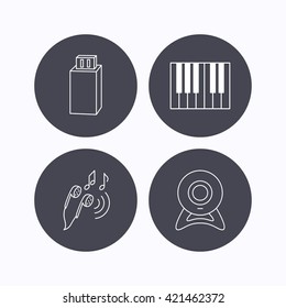 Headphones, web camera and USB flash icons. Piano linear sign. Flat icons in circle buttons on white background. Vector
