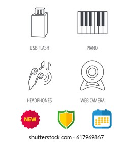 Headphones, web camera and USB flash icons. Piano linear sign. Shield protection, calendar and new tag web icons. Vector