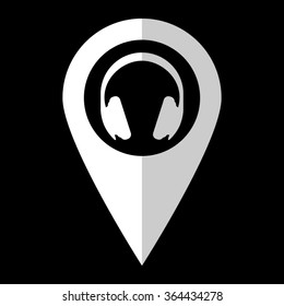 Headphones - white vector icon;  map pointer