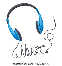 Headphones, Wired Stereo Music Sound Concept, Music Music Lettering Word Made From Headphone Wire. Audio Music Vector Illustration. Earphone Stereo, Headset Equipment