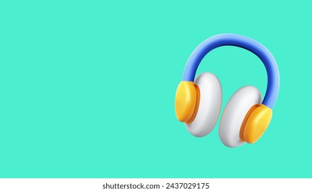 Headphones wireless acoustic musical sound audio earphones 3d banner copy space realistic vector illustration. Music listening DJ portable headset stereo technology entertainment accessory