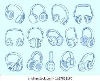 Headphones. Wireless technology communication equipment music acoustic headphones vector sketch set