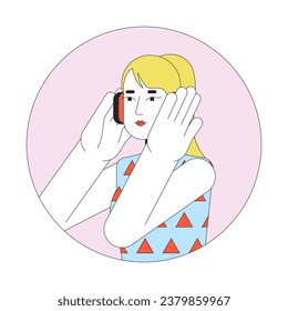 Headphones woman blonde 2D line vector avatar illustration. Girl european listening music outline cartoon character face. Podcast listener. Happy melomaniac flat color user profile image isolated