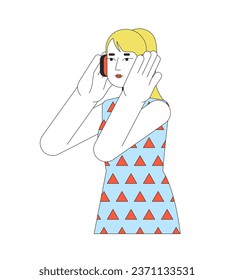 Headphones woman blonde 2D linear cartoon character. Girl european listening music isolated line vector person white background. Podcast, radio listener. Happy melomaniac color flat spot illustration