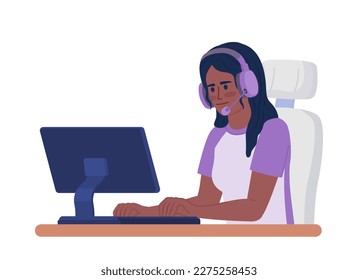 Headphones woman typing typing on keyboard semi flat color vector character. Editable figure. Half body person on white. Simple cartoon style spot illustration for web graphic design and animation