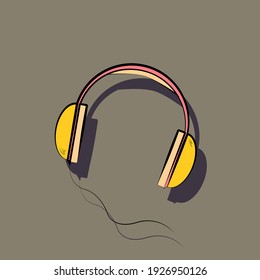 headphones in yellow and pink tones hand drawing outline symbol icon on dark background. Vector