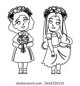 headpiece flower crown kid girl vector. wreath bohemian, festival nature, petals garden headpiece flower crown kid girl character. people black line pencil drawing illustration