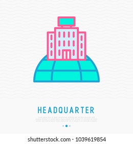 Headquarter on globe thin line icon. Modern vector illustration of globel business.