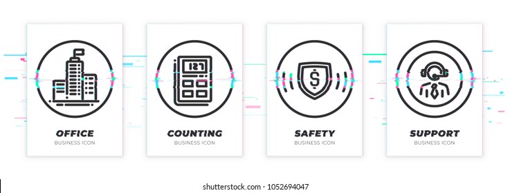 Headquarters, calculation, safity, support. Business theme glitched black icons set. Scalable vector objects on transparent background. Modern distorted glitch style.