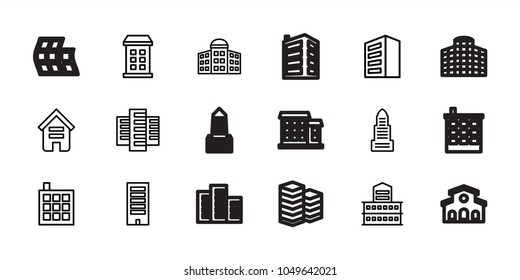 Headquarters icons. set of 18 editable outline headquarters icons: building, building   isolated  sign symbol, business center