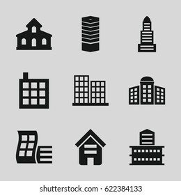 Headquarters icons set. set of 9 headquarters filled icons such as building, modern curved building, business centre, building   isolated  sign symbol