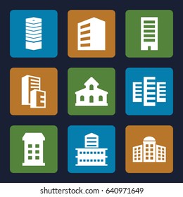 Headquarters icons set. set of 9 headquarters filled icons such as building, business centre