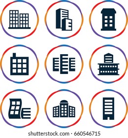 Headquarters icons set. set of 9 headquarters filled icons such as building, modern curved building, building   isolated  sign symbol