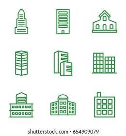 Headquarters icons set. set of 9 headquarters outline icons such as building, business centre, building   isolated  sign symbol