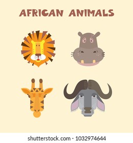 Heads of african animals- lion; hippopotamus; giraffe; buffalo. Colored vector illustration, decorative animals.