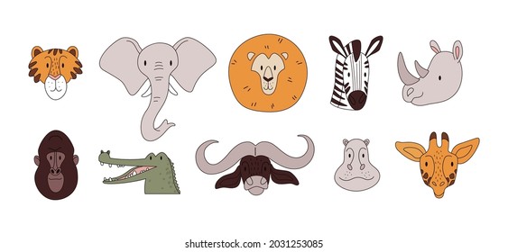 Heads of African animals. A set of African animals in pastel colors with thin strokes. Vector stock illustration of isolated heads beasts on a white.