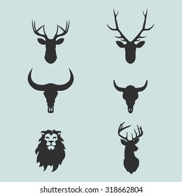 Heads of animals: deer, lion, buffalo in vector