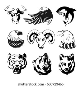 Heads of animals for logo or sport symbols. Grizzly, bear and eagle. Monochrome mascots illustrations for labels. Wolf, shark and ram. Big vector set