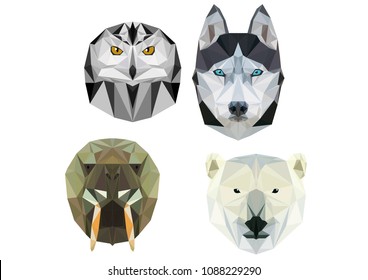 The heads of animals are made in the technique of low polygons that live in cold countries, at the north pole. Laika, polar owl, polar bear and walrus.