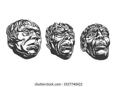 Heads aurignacians and neanderthals. Hand drawn sketch illustration. Vector