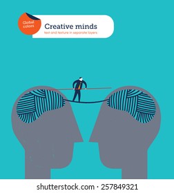 Heads with balls of yarn brains  connected man crossing. Vector illustration Eps10 file. Global colors. Text and Texture in separate layers. 