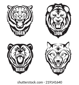 heads of bear, wolf, tiger and lion