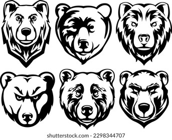 Heads of bears. Abstract character illustration variant set. Graphic logo design template for emblem. Image of portrait.